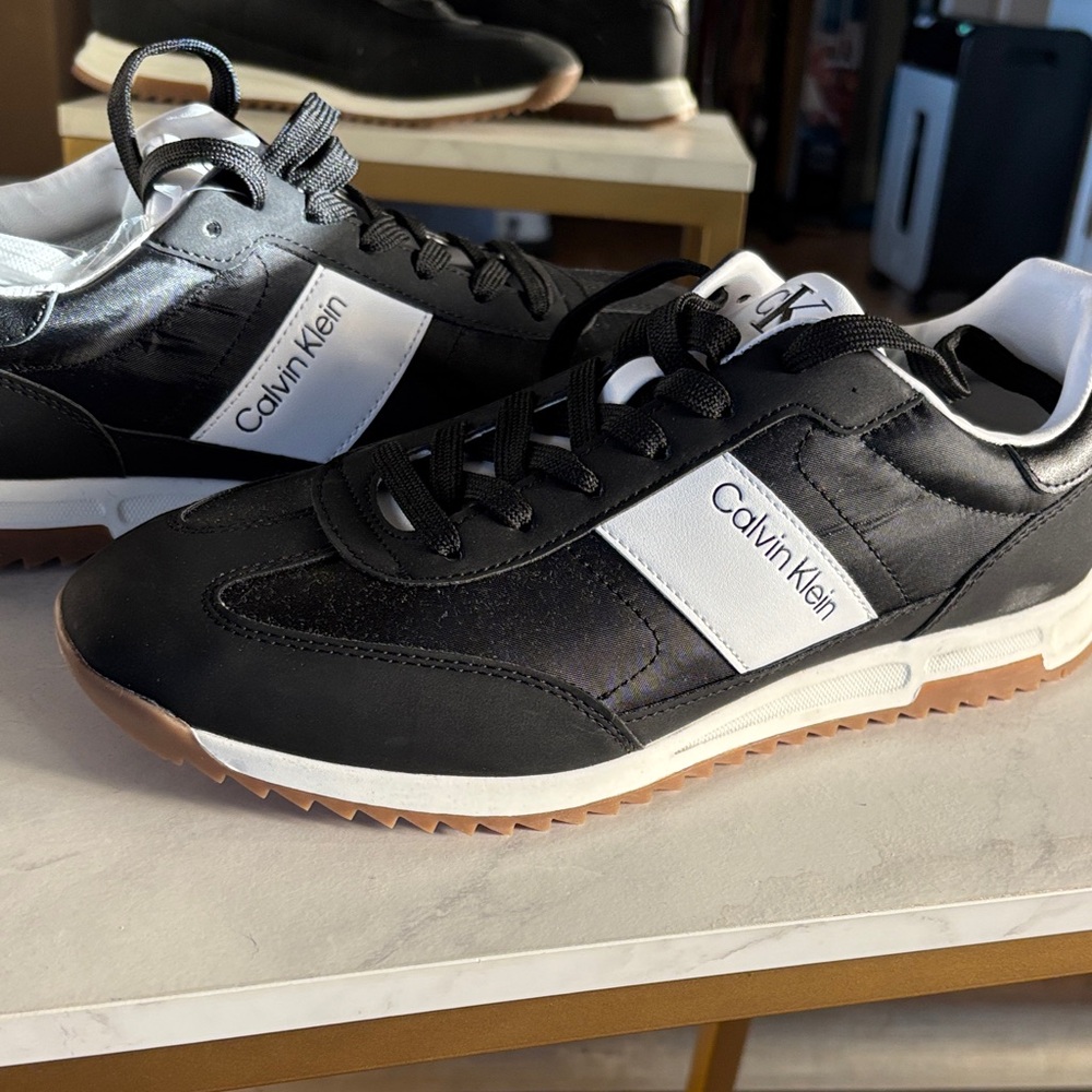 Calvin Klein Men's Black and White Sneakers with Brown Sole